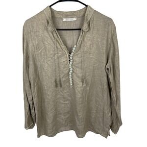 Linen Tunic Shirt Gold Metallic Sheen‎ Beaded V Neck Tassel Size M